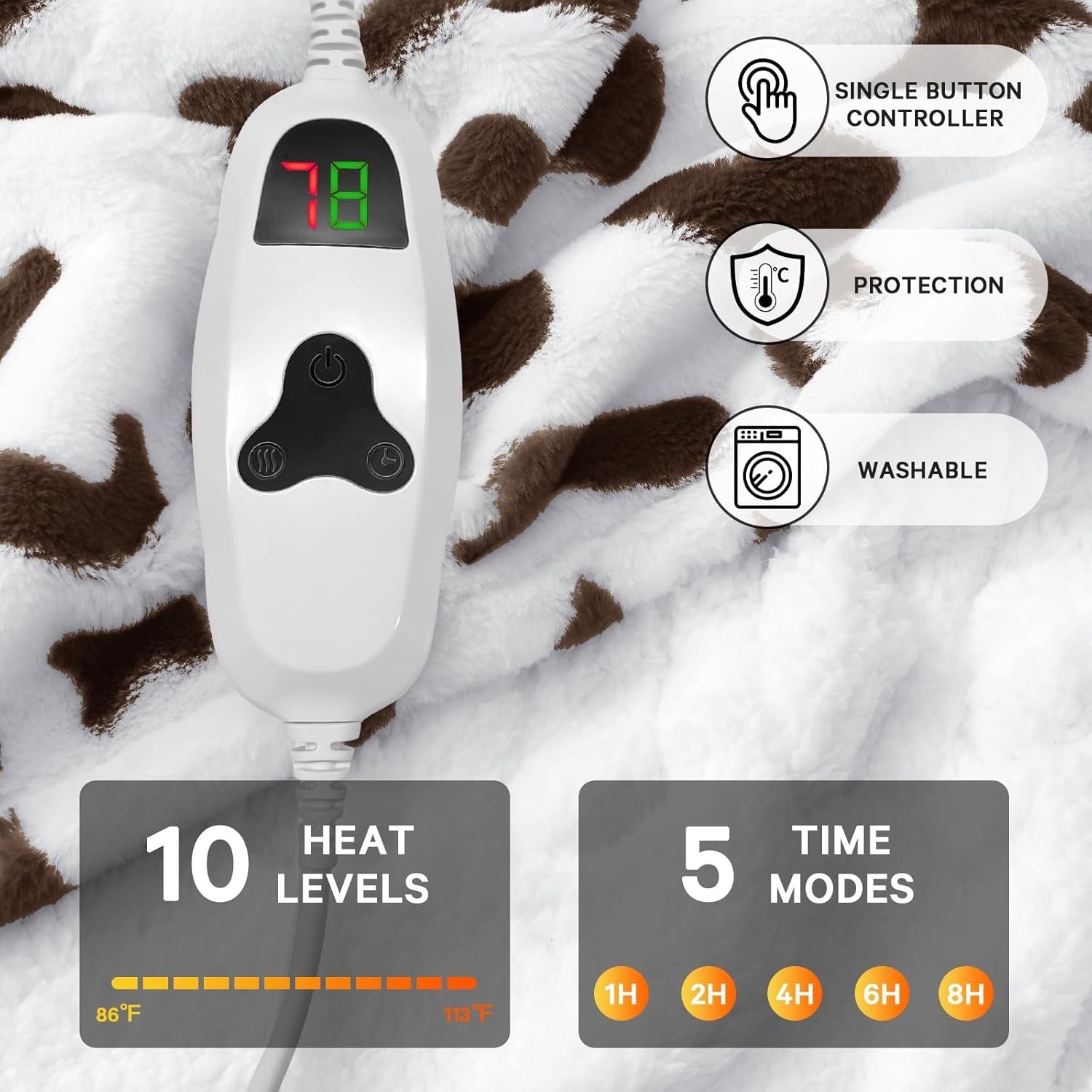Electric Heated Throw Blanket Cow Print Sherpa 10 Heat Auto Off Washable