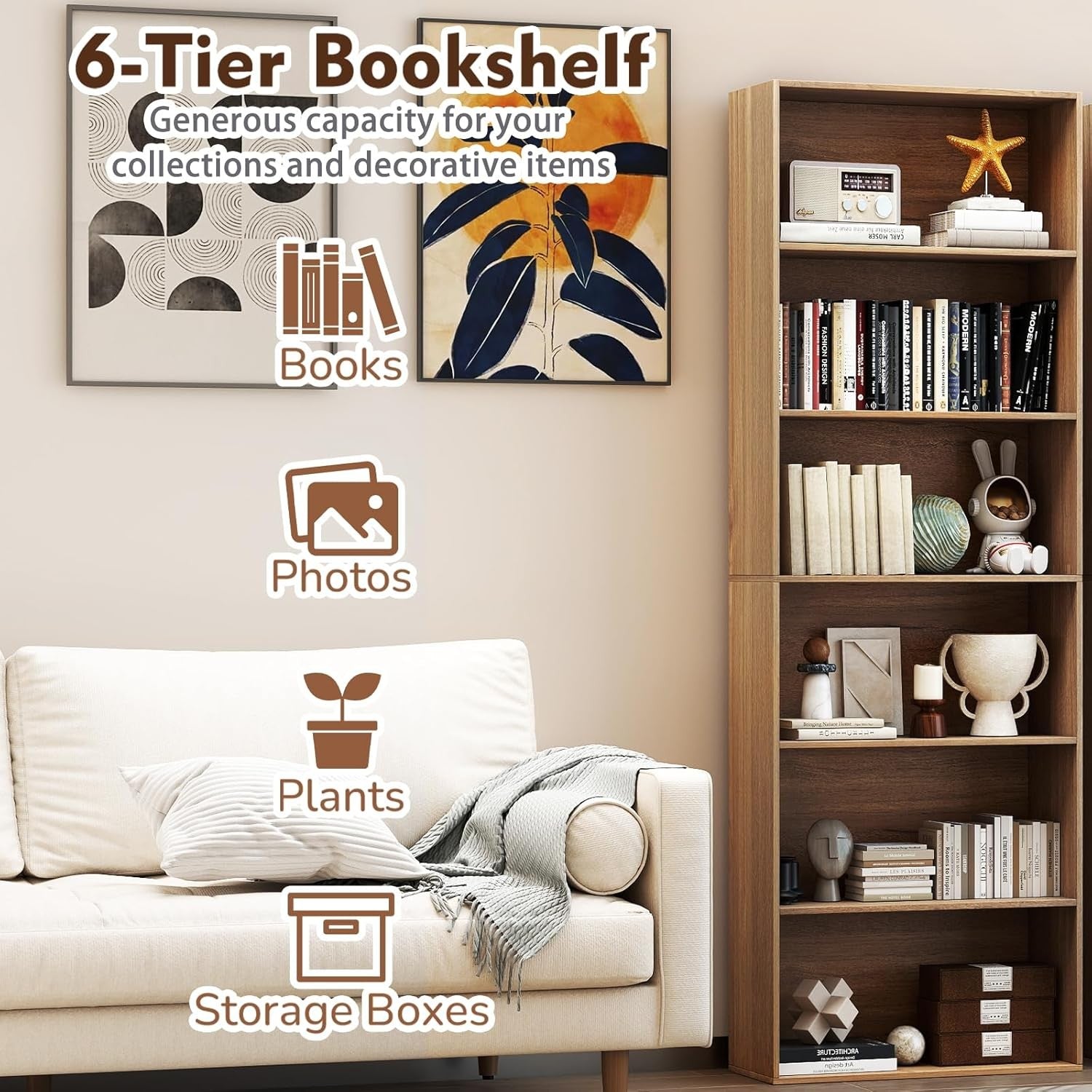 Tall 6-Tier Wooden Bookcase Storage Unit with Doors, Anti-Tip, Narrow Slim Shelf