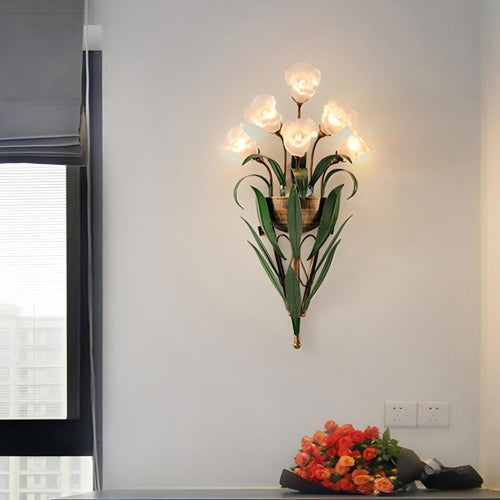 Vintage Gold Floral Wall Sconce Light Antique Glass Flower Lamp Bedroom