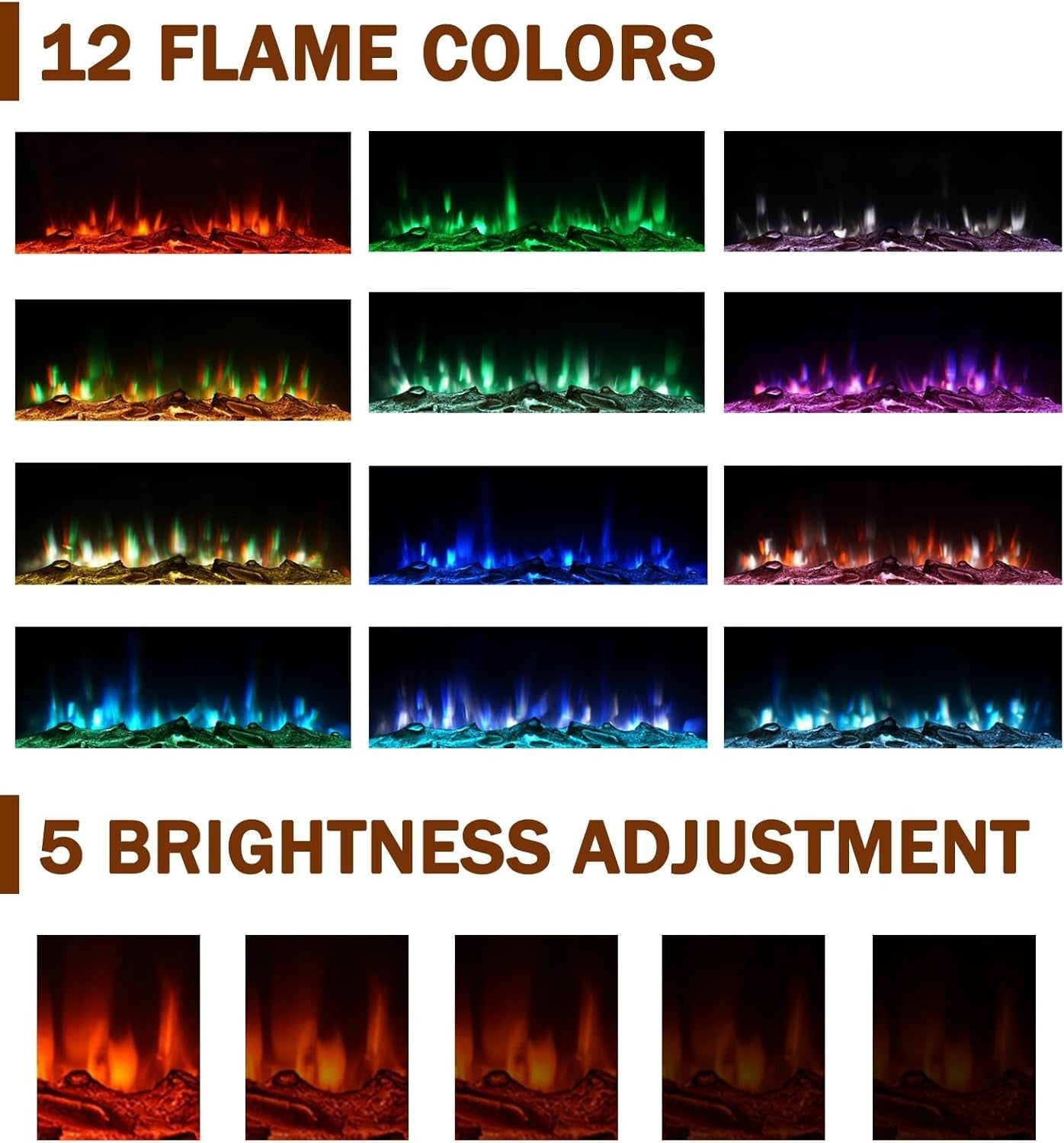30” Electric Fireplace Heater 12 LED Flame Remote Modern Black Freestanding