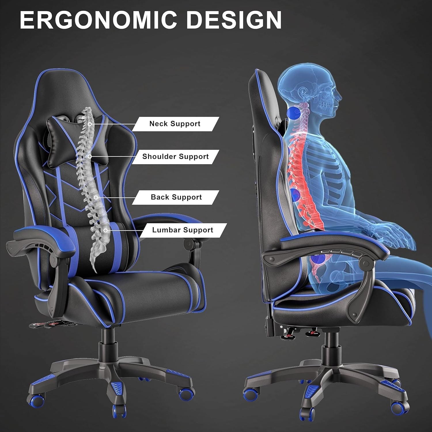 Ergonomic Gaming Office Chair Recline 90-135° Blue Faux Leather High Back 330 lb