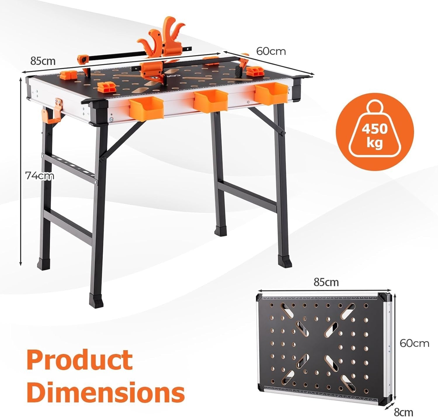 Folding Workbench 450kg Heavy Duty Table w/ Clamps Tool Boxes Portable 85x60