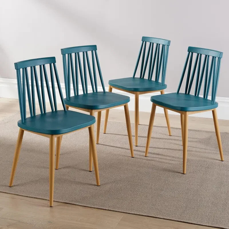 4 Seater Dining Table Set Beech Legs Oak Veneer Top & Teal Pattern Chairs