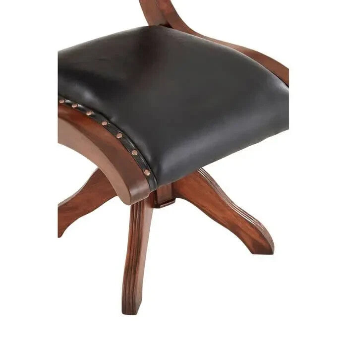 Black Leather Swivel Chair with Teak Frame | Mid-Century Accent Armchair