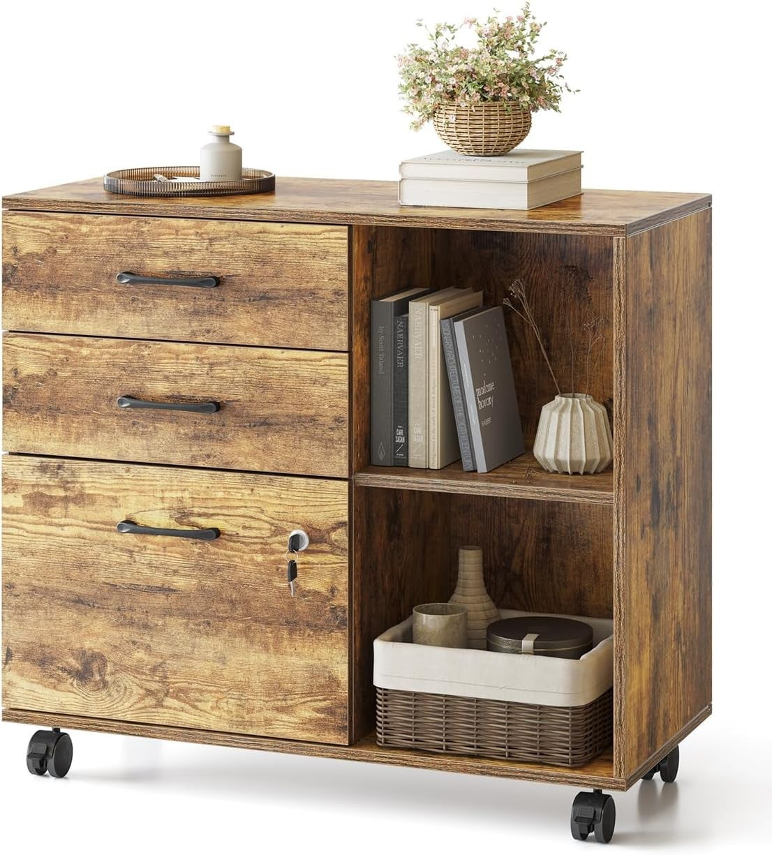 Rustic Brown Mobile Filing Cabinet 80cm Lockable Printer Stand