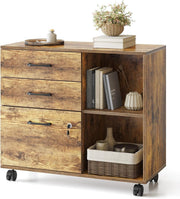 Rustic Brown Mobile Filing Cabinet 80cm Lockable Printer Stand