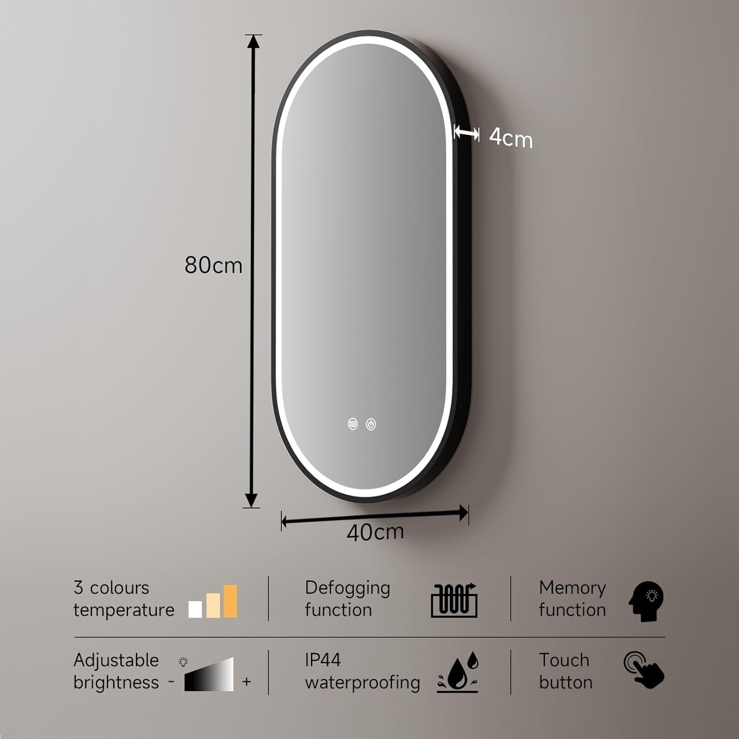 LED Bathroom Mirror 80x40cm Oval Wall Light Touch Control Anti-Fog Pad