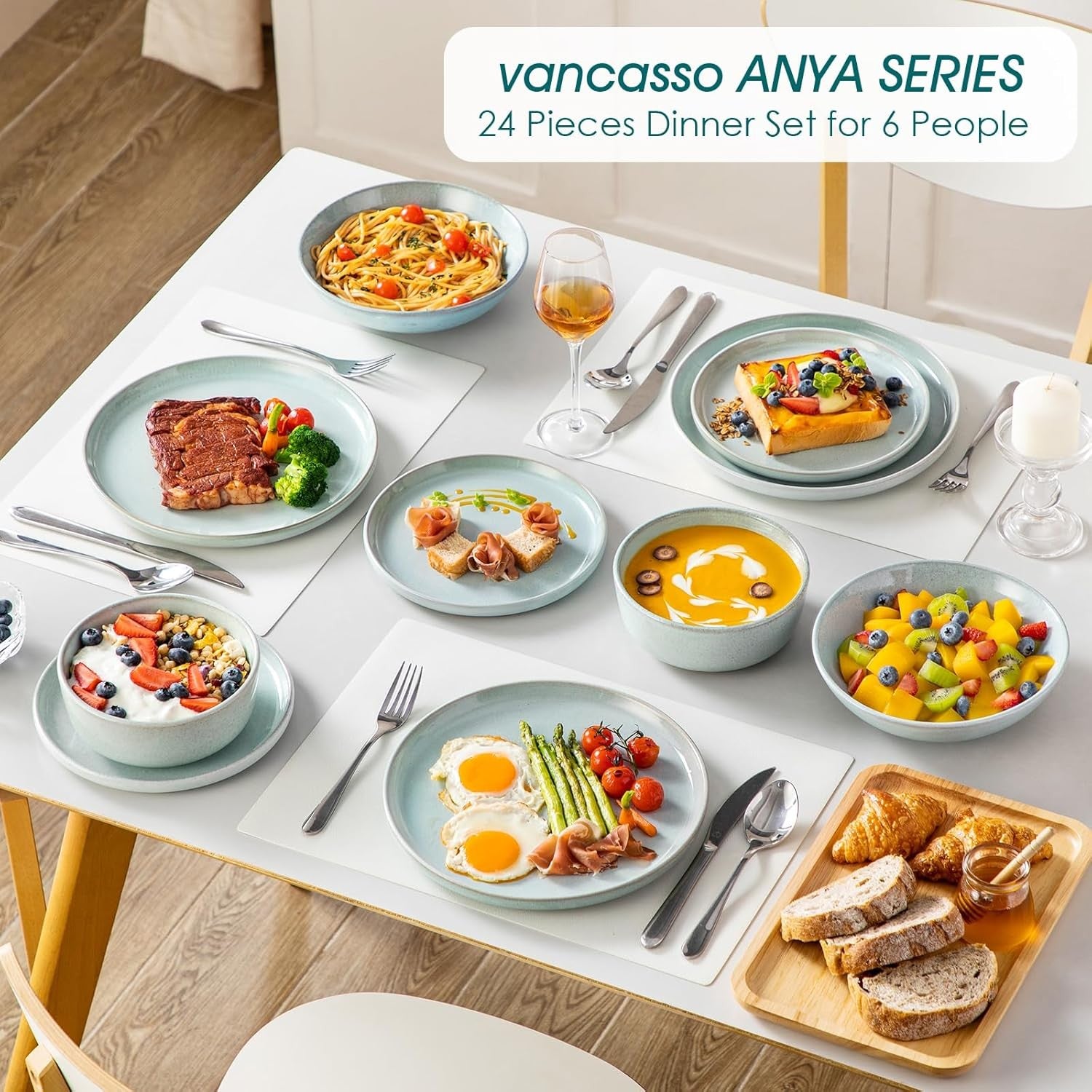 24pc Ceramic Dinner Set Mint Green Plates Bowls Microwave Dishwasher Safe