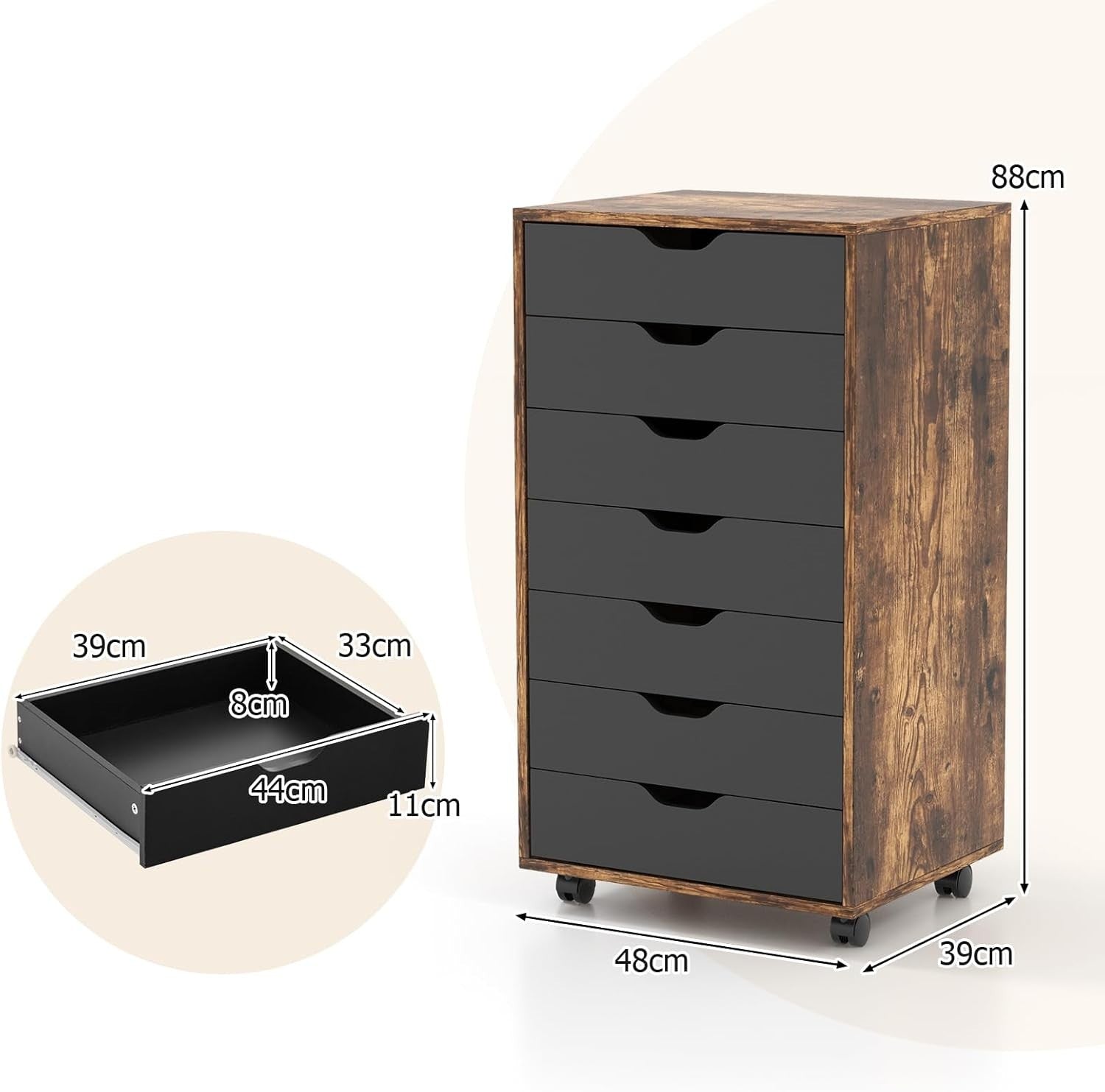 Rustic Brown Mobile Filing Cabinet 7 Drawer Storage Unit Wheels for Home Office