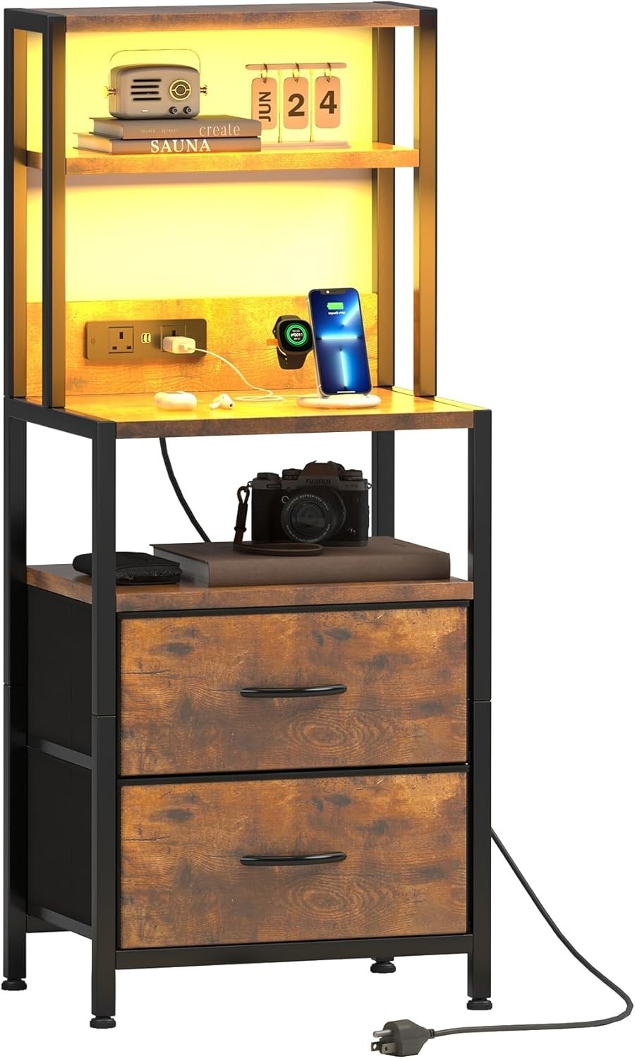 Rustic Brown Bedside Table with Charging Station & LED Light, 2 Drawers Modern