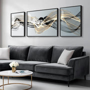 Large Abstract Wall Art Set 3 Piece Framed Modern Luxury Black Gold Prints