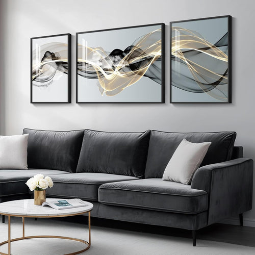 Large Abstract Wall Art Set 3 Piece Framed Modern Luxury Black Gold Prints