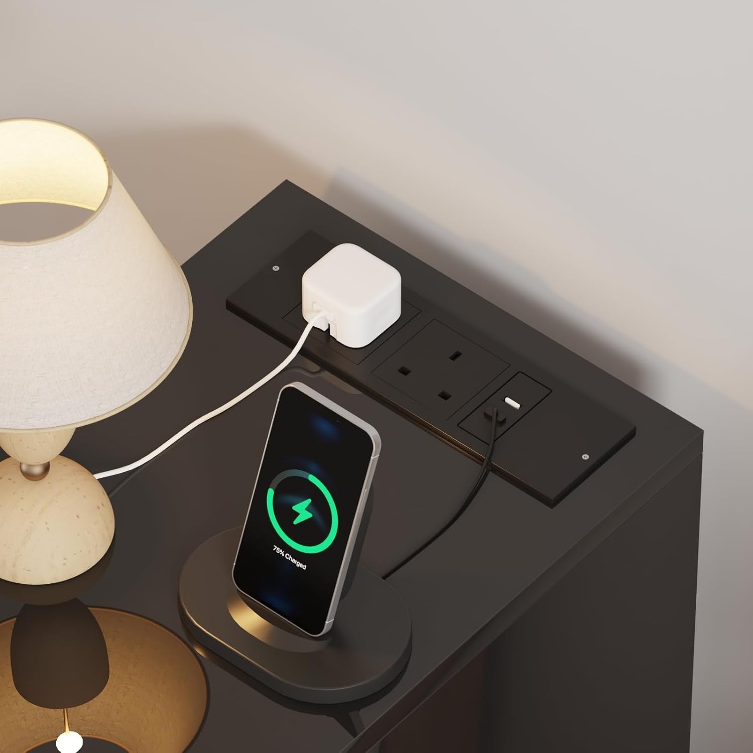 Slim Bedside Table with Charging Ports USB Power Sockets 3-Drawer Narrow Unit