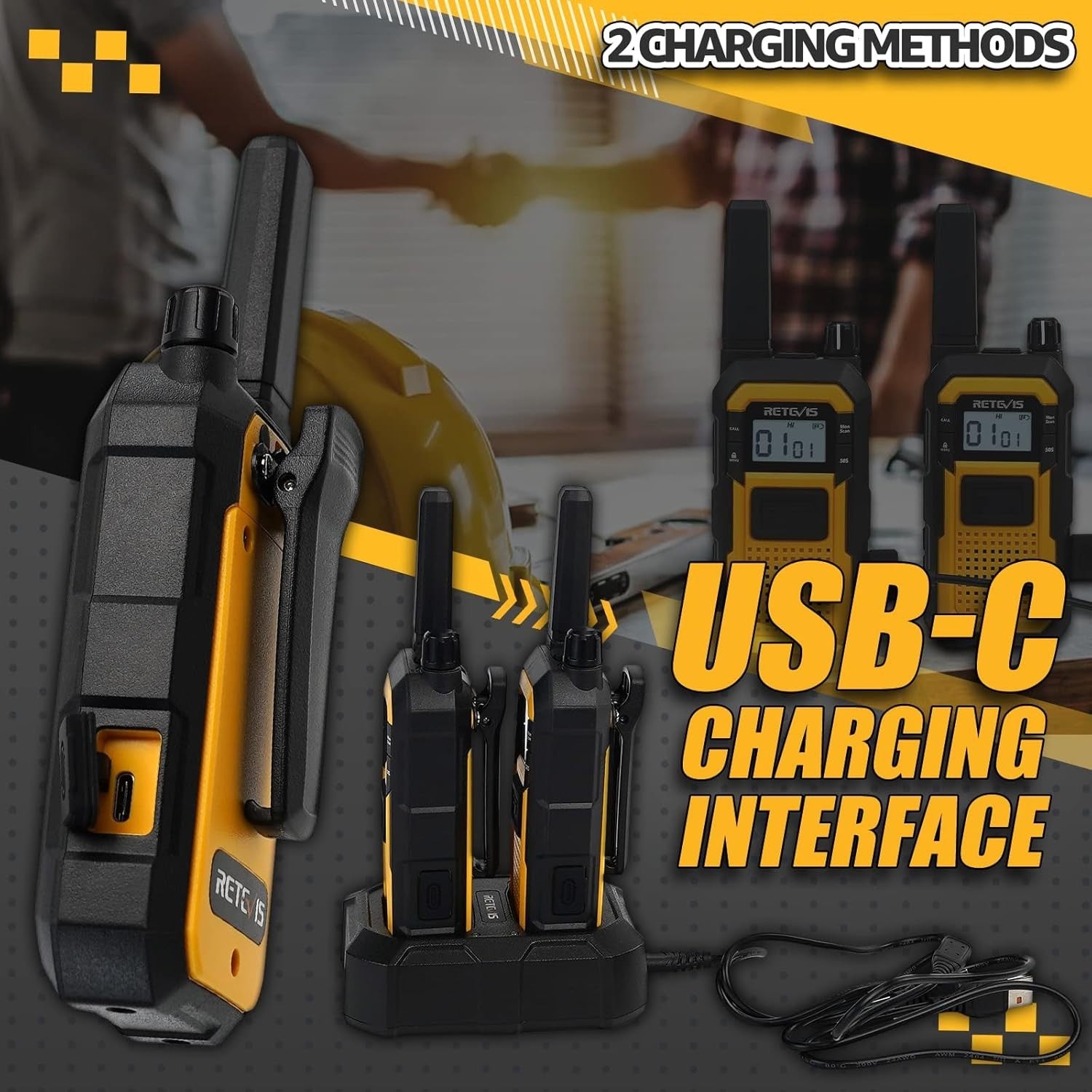 Rugged Waterproof Walkie Talkies IP67 Dual PTT 2000mAh 2 Pack