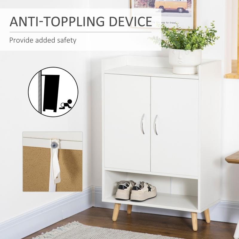 Slim White Shoe Storage Cabinet with Doors, Open Shelf & Wooden Legs