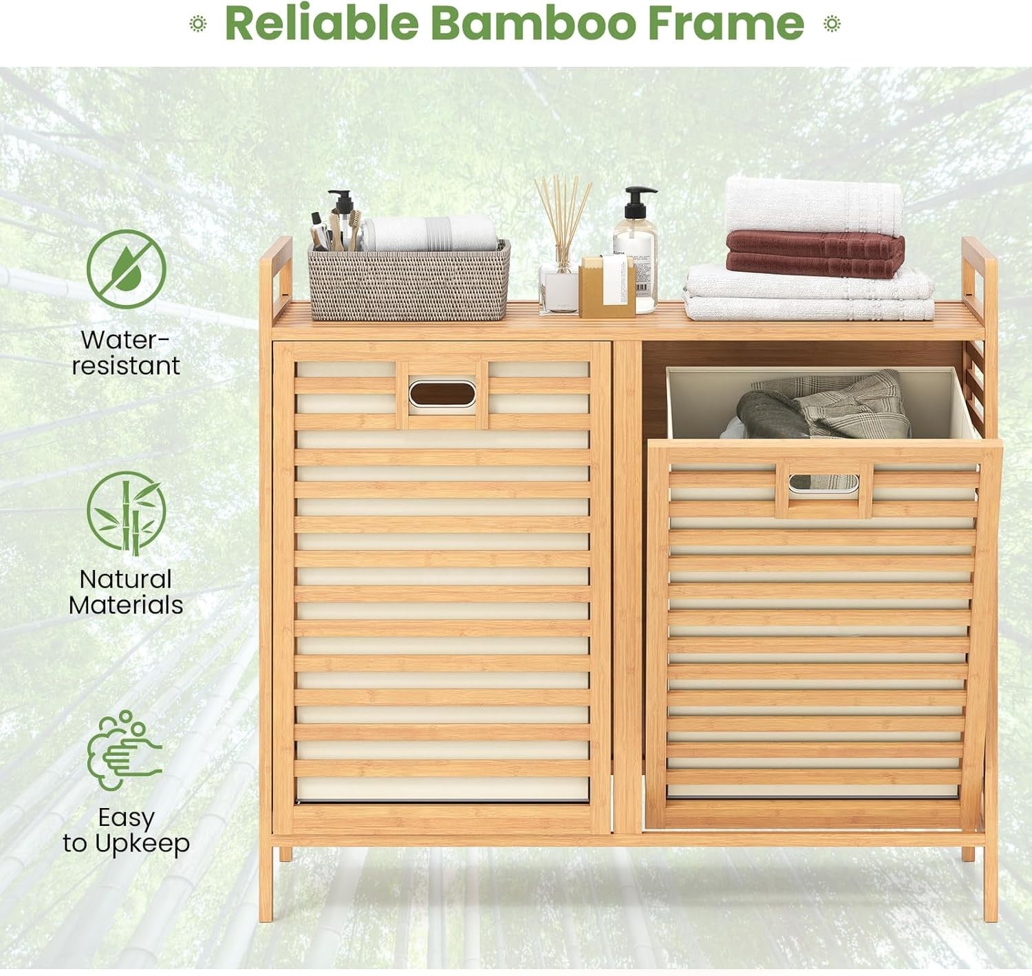 Bamboo 2 Compartment Tilt Out Laundry Hamper Cabinet with Shelves 80x30x72cm