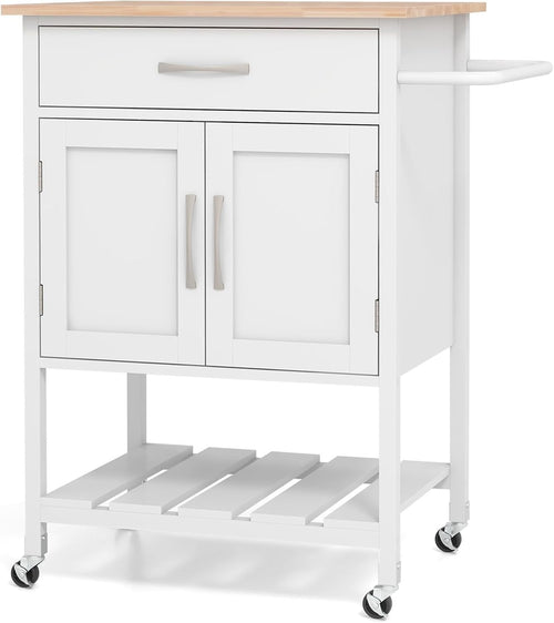 Rolling Kitchen Island Cart with Drawer Cabinet Shelf & Towel Rack White