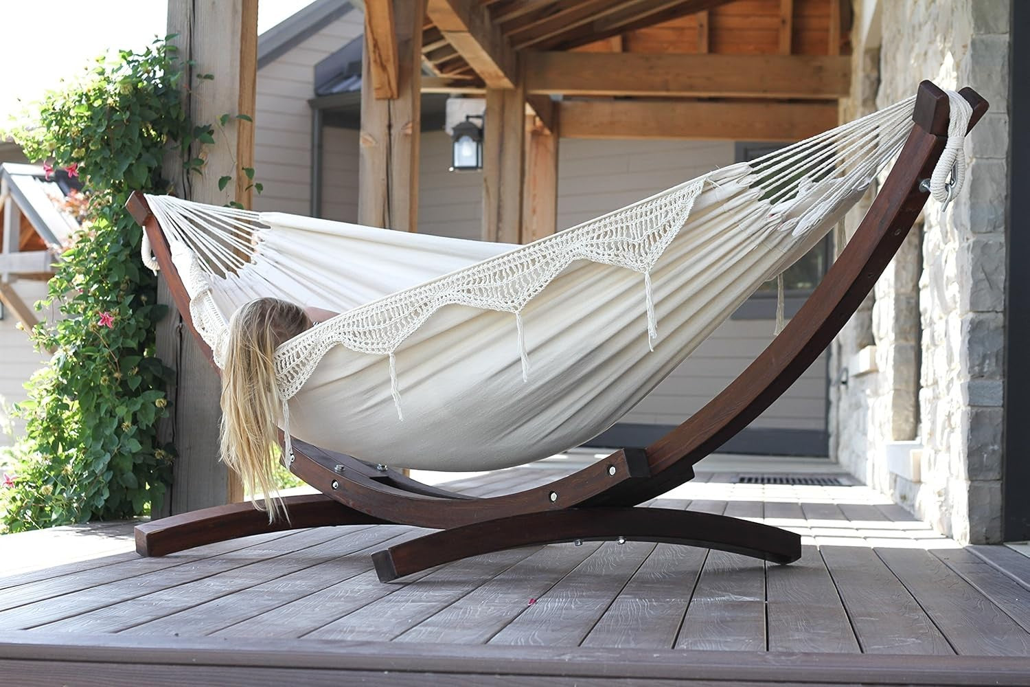 Natural Double Cotton Hammock with Solid Pine Arc Stand | 2 Person 450lb | 254cm