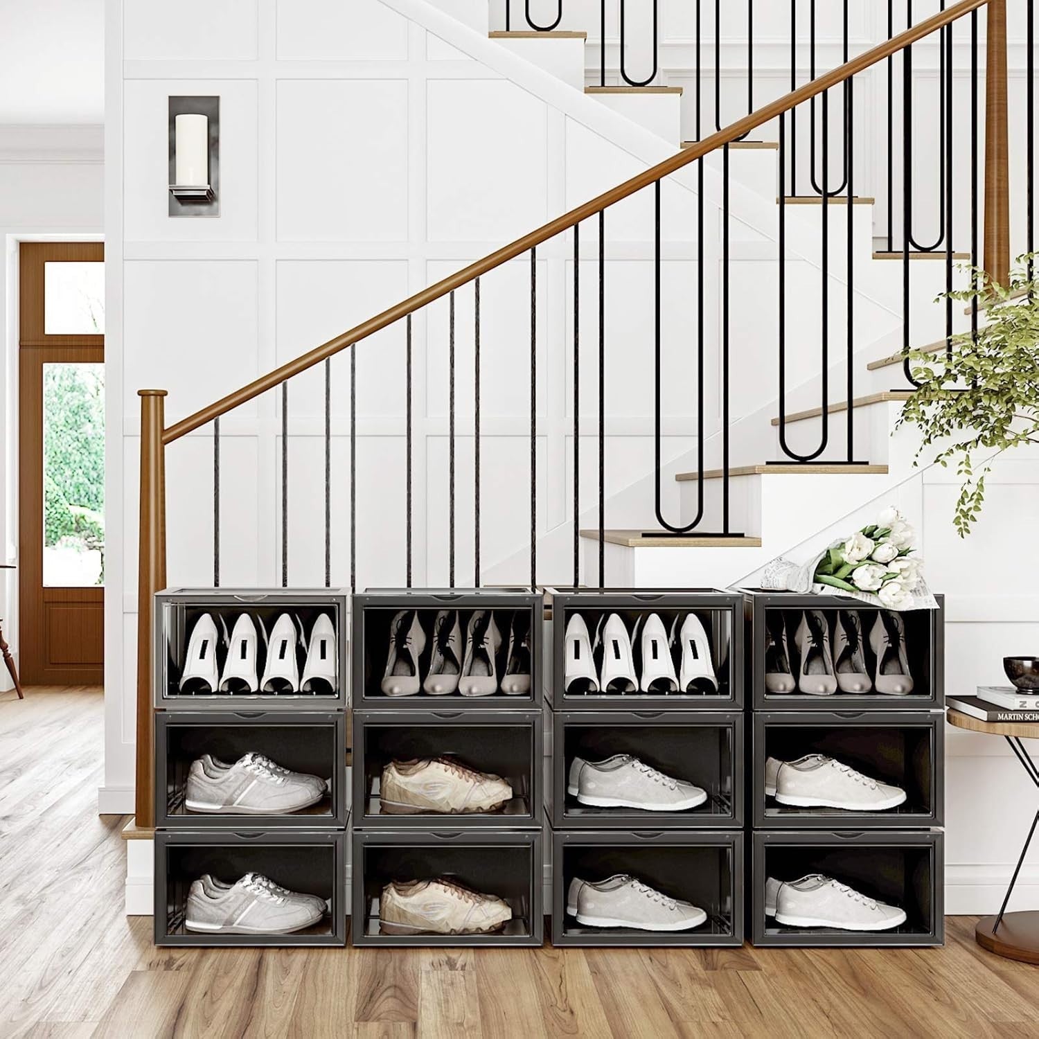 Set of 6 Stackable Shoe Boxes with Doors, Large Clear Plastic Storage.
