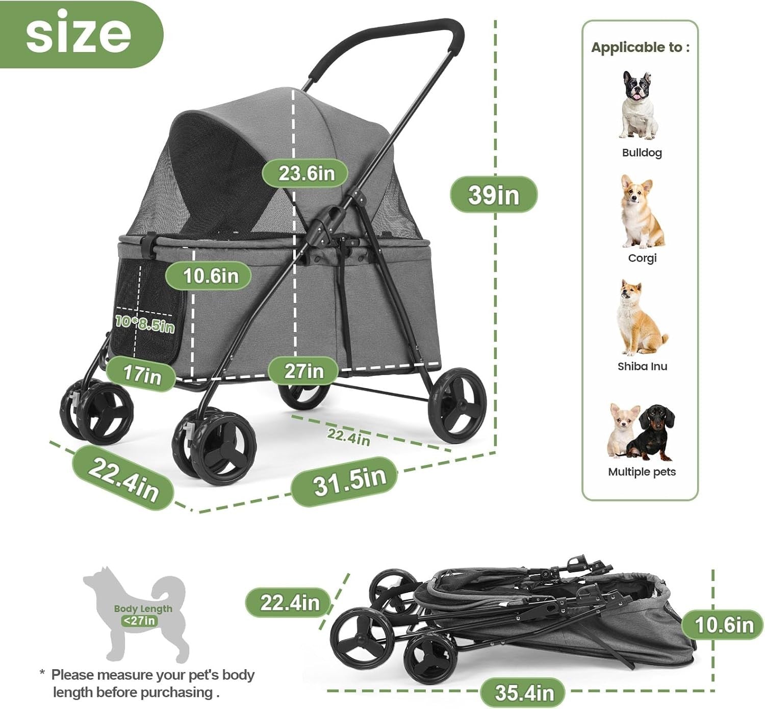 Dark Grey Dog Stroller 4 Wheel Heavy Duty Foldable Jogger Pram Small Medium
