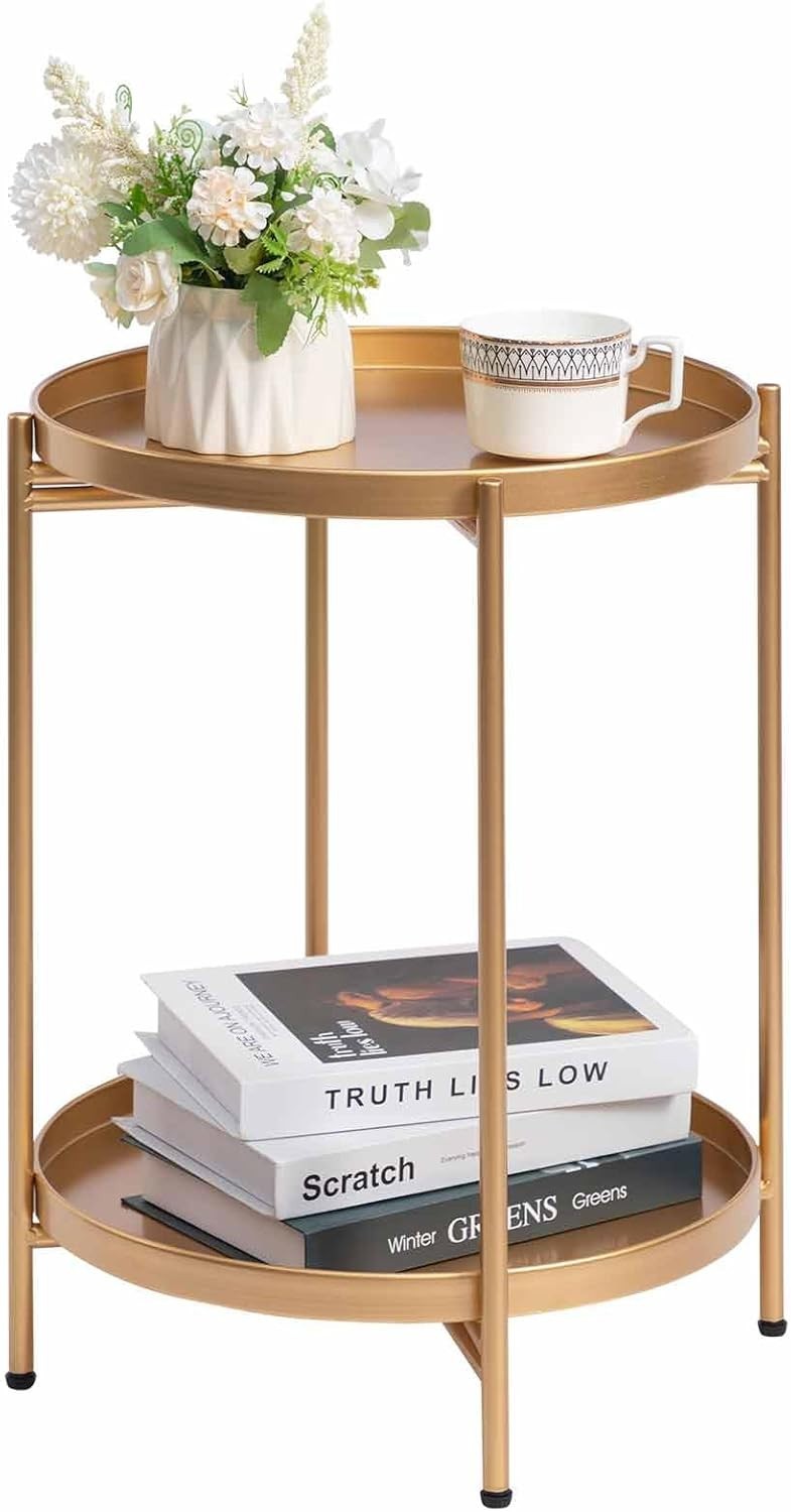 Gold Metal Round Side Table – 2 Tier Removable Tray, Small Coffee Table