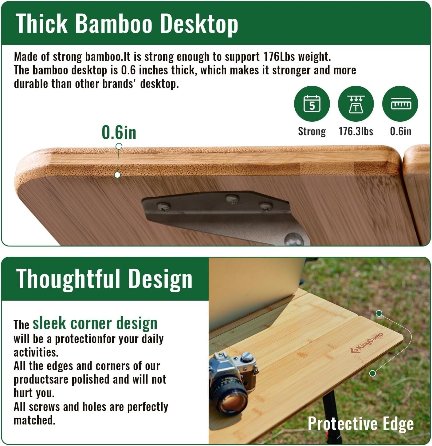 Adjustable Folding Camping Table Bamboo Top Portable Picnic Table 80kg Load