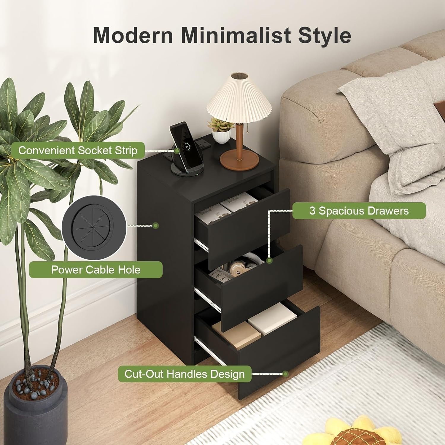 Modern Black Bedside Table with 3 Drawers & Power Station, Wooden Nightstand