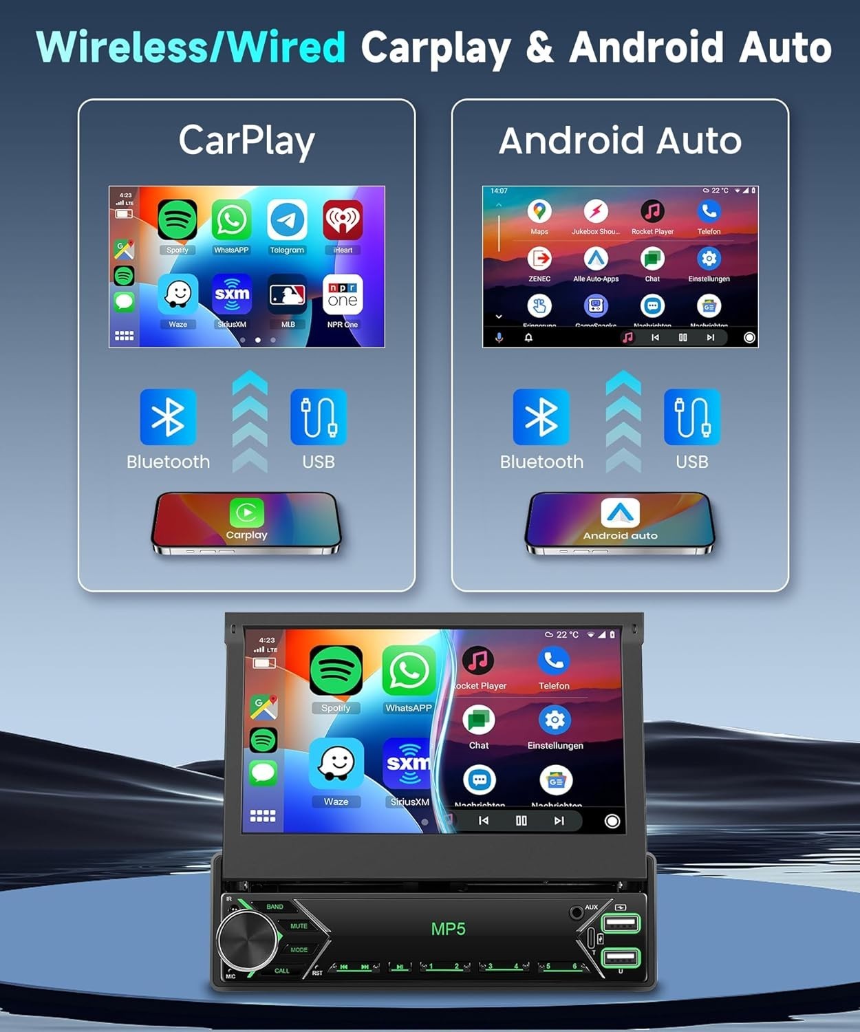 7" Single Din Car Stereo Wireless CarPlay Android Auto DAB+ FM
