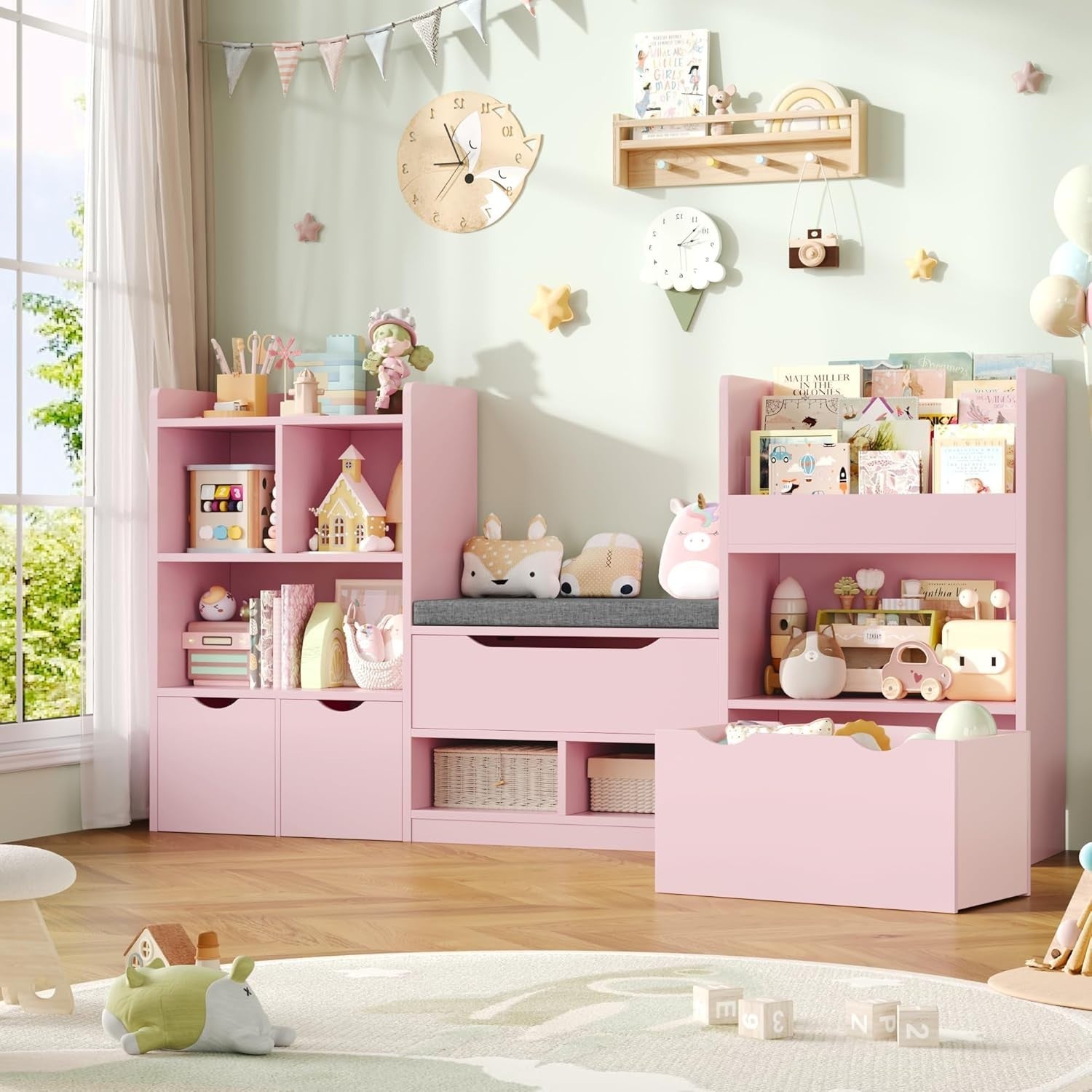 Kids Toy Storage Bookshelf with Bench, 3 Drawers Wheels & 7 Shelves Pink