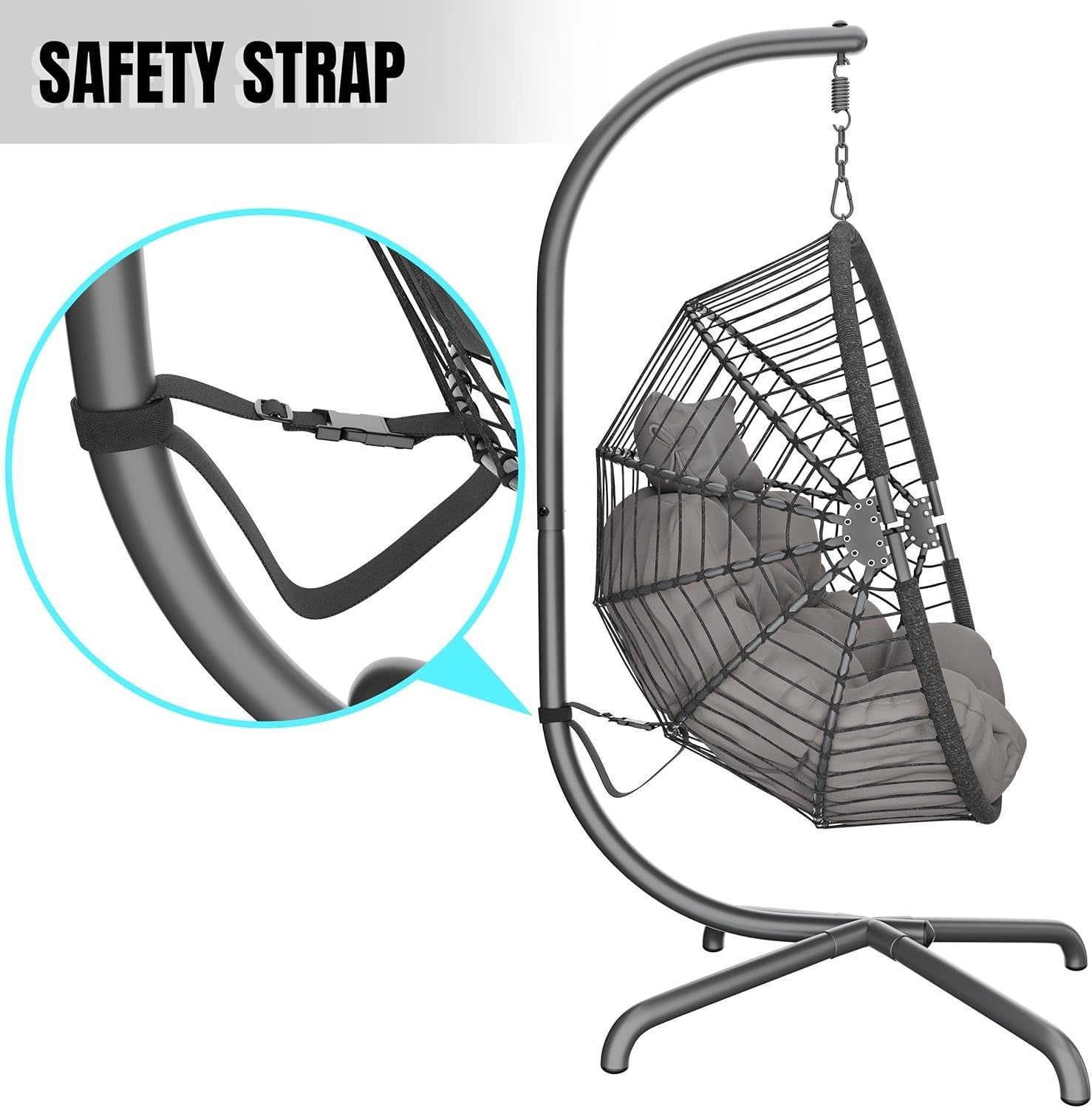 Dark Grey Hanging Egg Chair with Stand Adjustable Swing Indoor Outdoor Seat