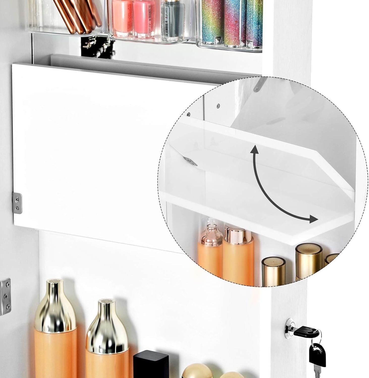 White Extra Wide Mirrored Jewelry Cabinet Lockable Storage Stand