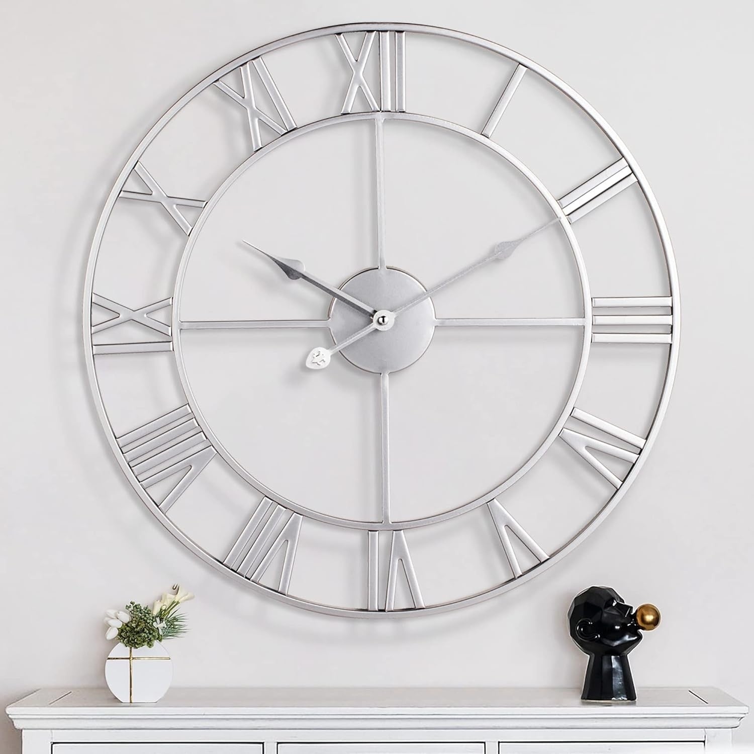 40cm Silver Roman Numeral Wall Clock Large Metal Silent Quartz Modern Decor