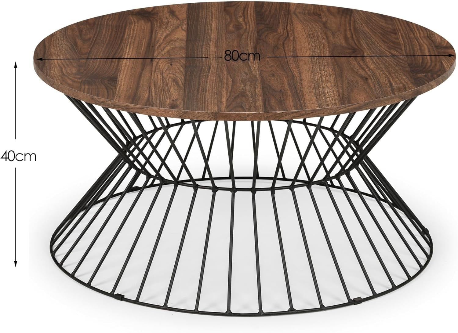 Round Walnut Coffee Table with Black Wire Base – Modern Industrial Style.
