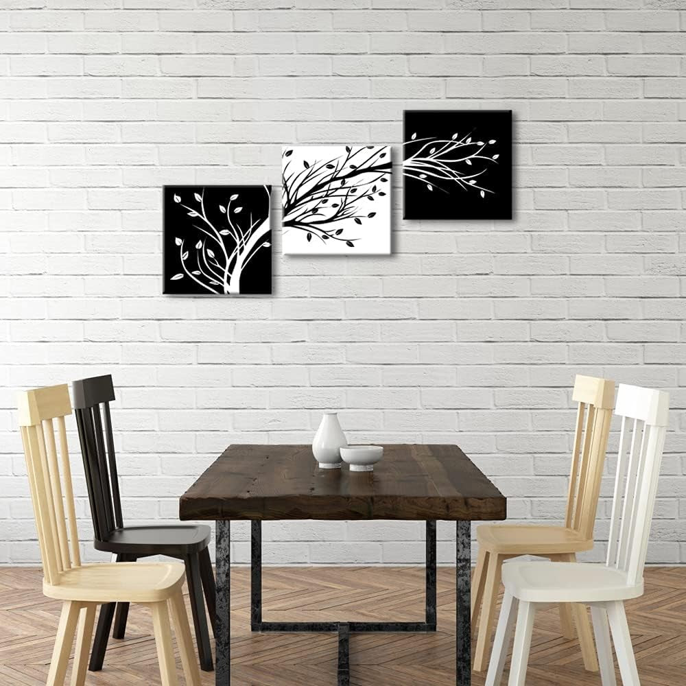 Black & White 3-Panel Leaves Canvas Wall Art 30x30cm Modern Decor