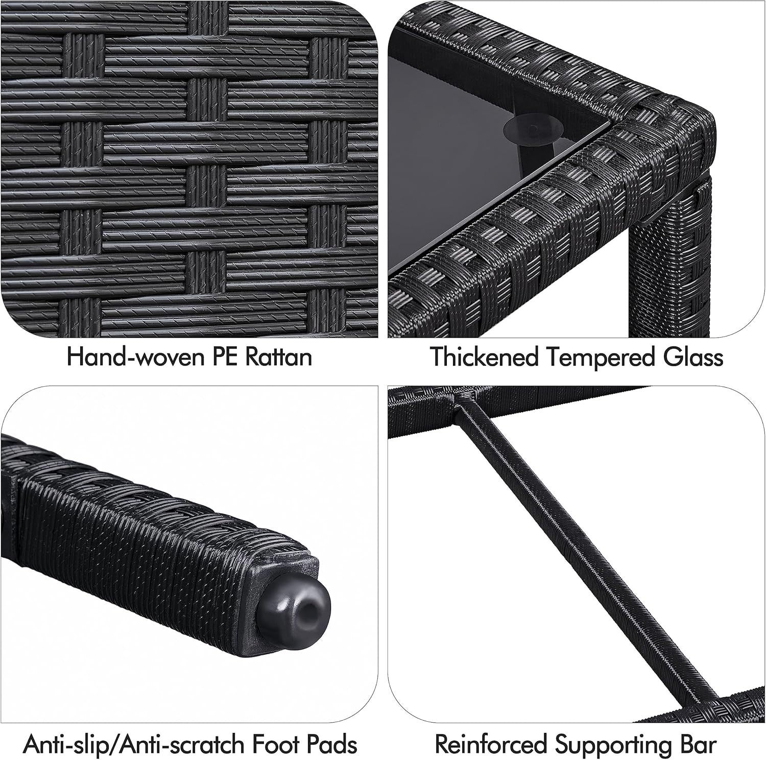Outdoor Rattan Coffee Table with Glass Top & Storage Shelf – Black Patio Table