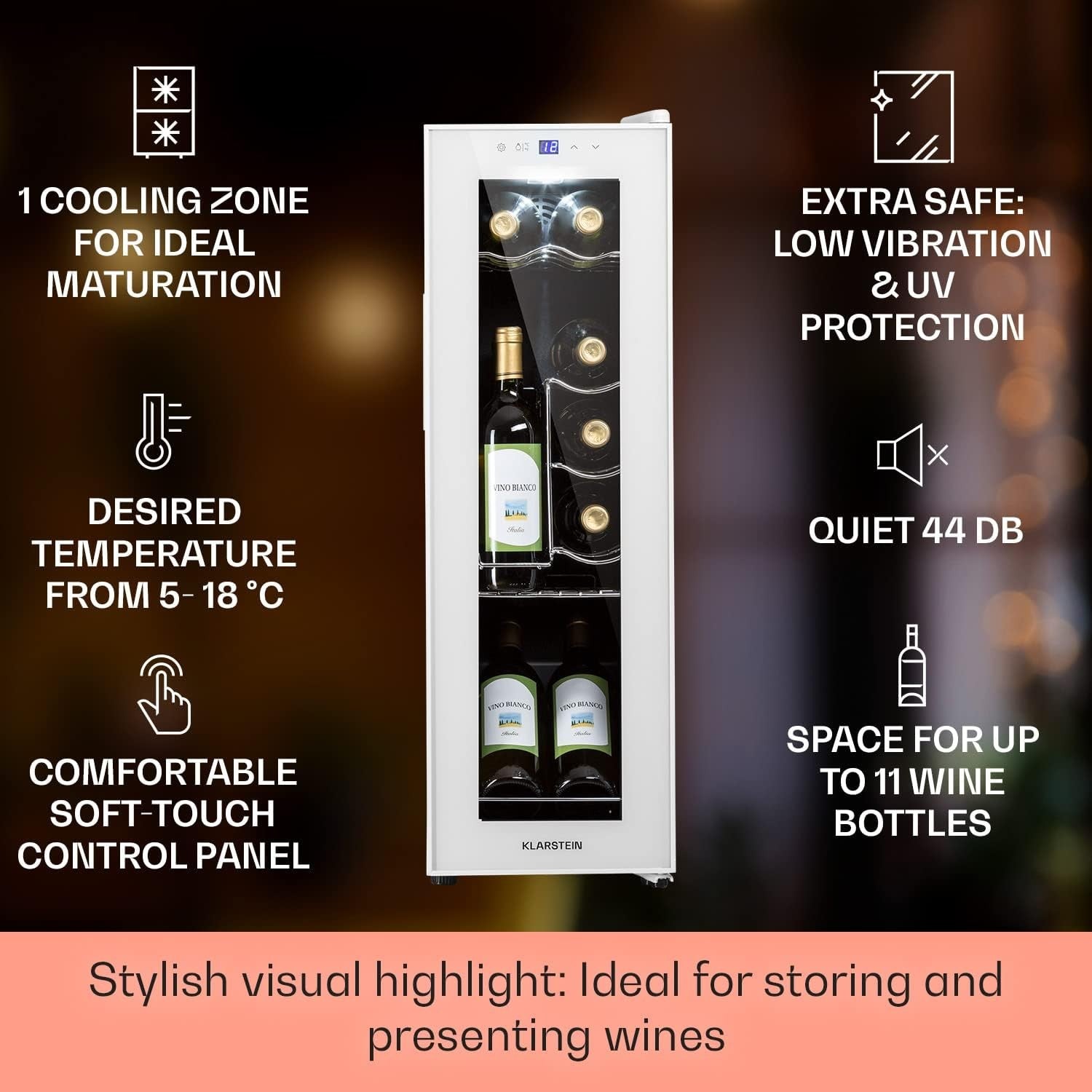 Wine Cooler Fridge 12 Bottle Slim Glass Door Single Zone Freestanding White