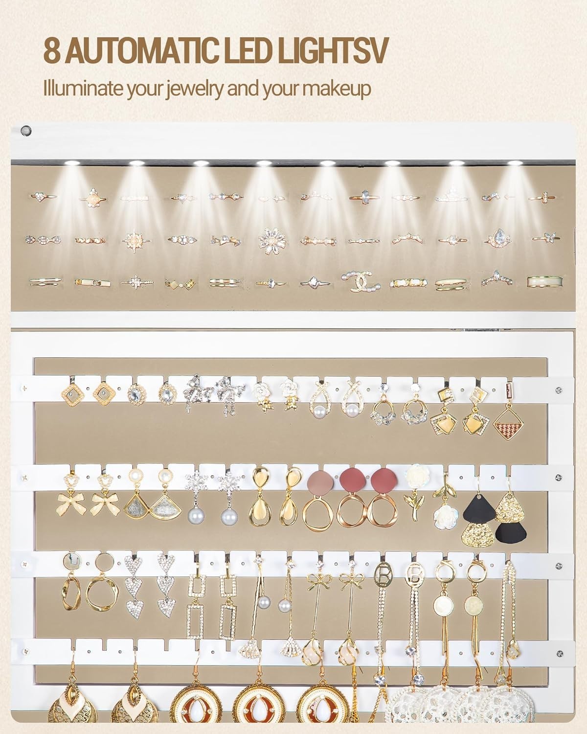 White & Beige LED Jewelry Cabinet Mirror Lockable Rolling Storage Rack