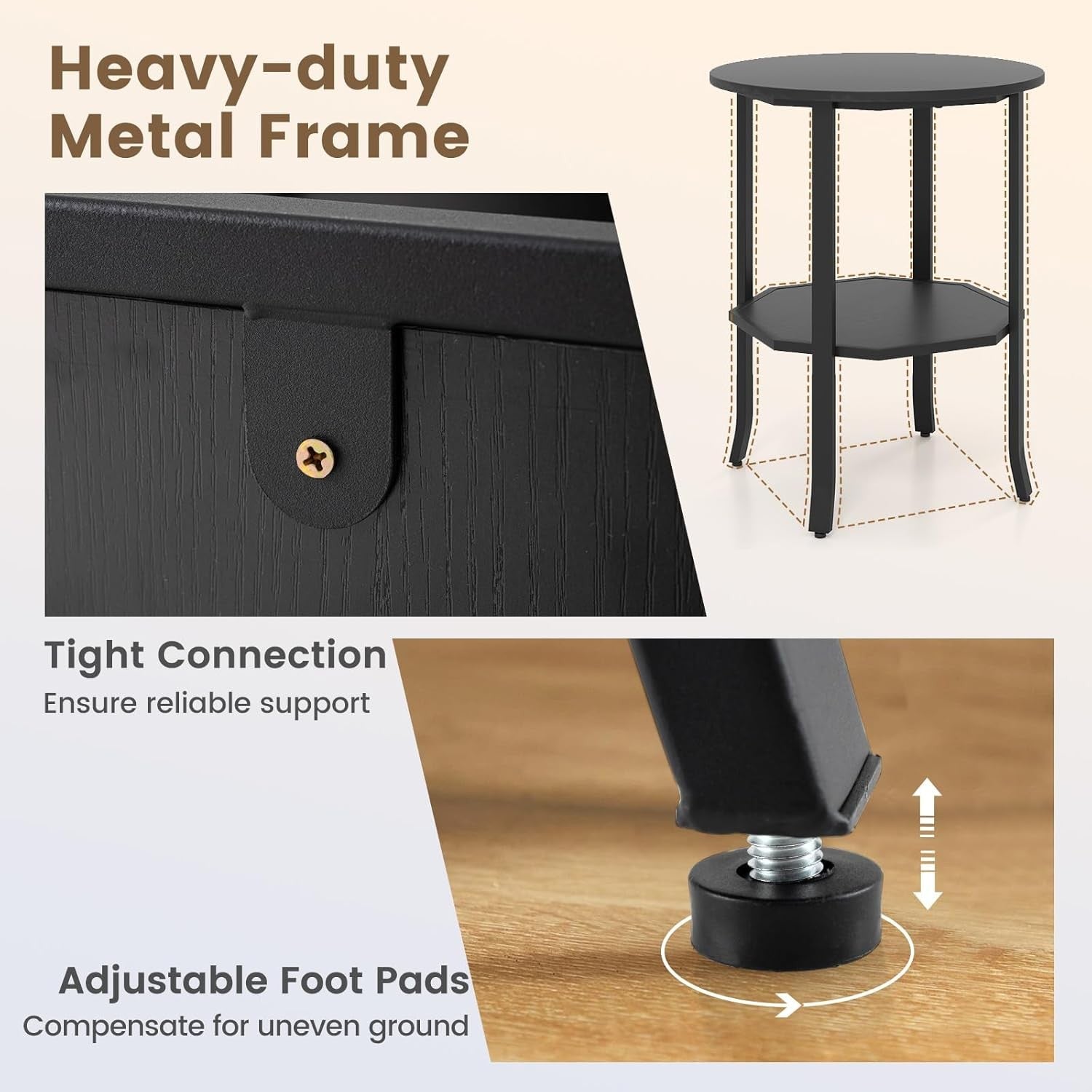 Round Black Side Table 2-Tier | Industrial Sofa End Table with Shelf 50×61cm