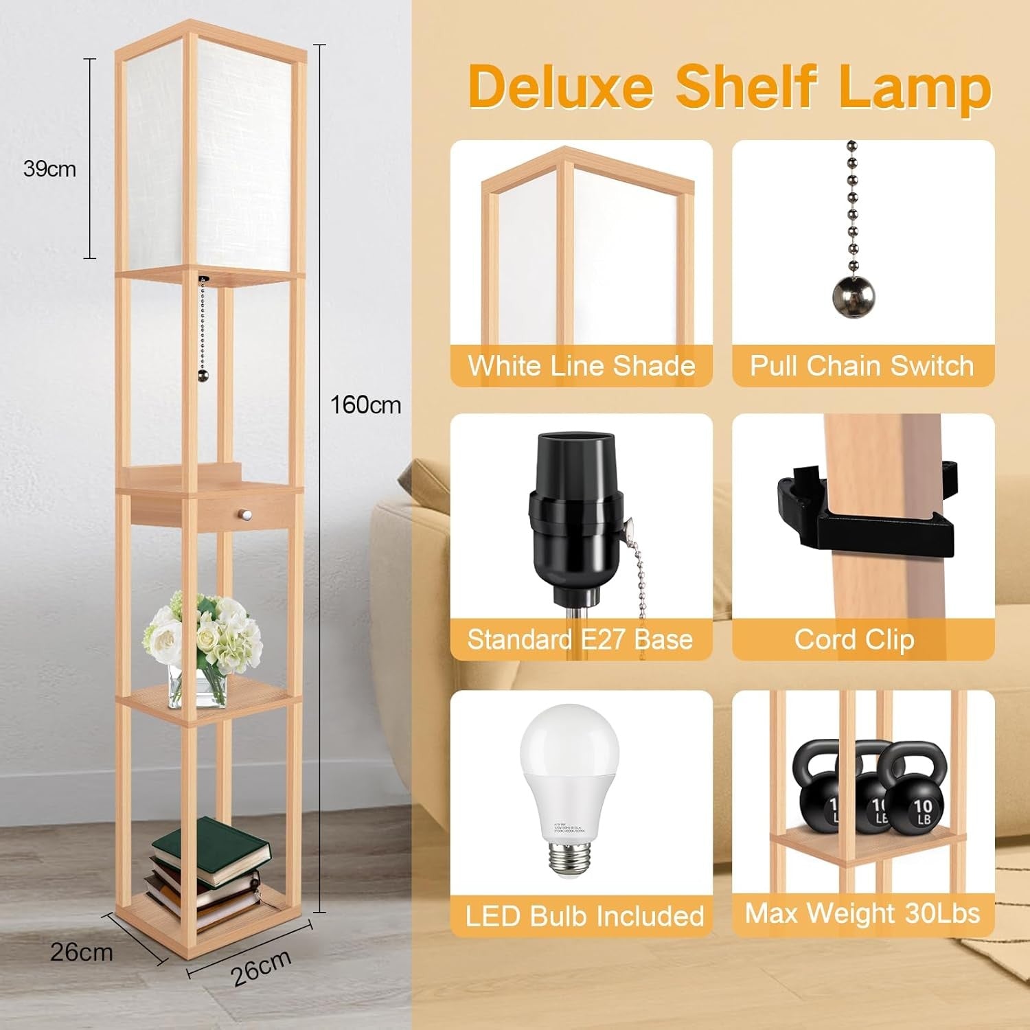 Floor Lamp with Shelves USB Charging Drawer LED Standing Storage Light