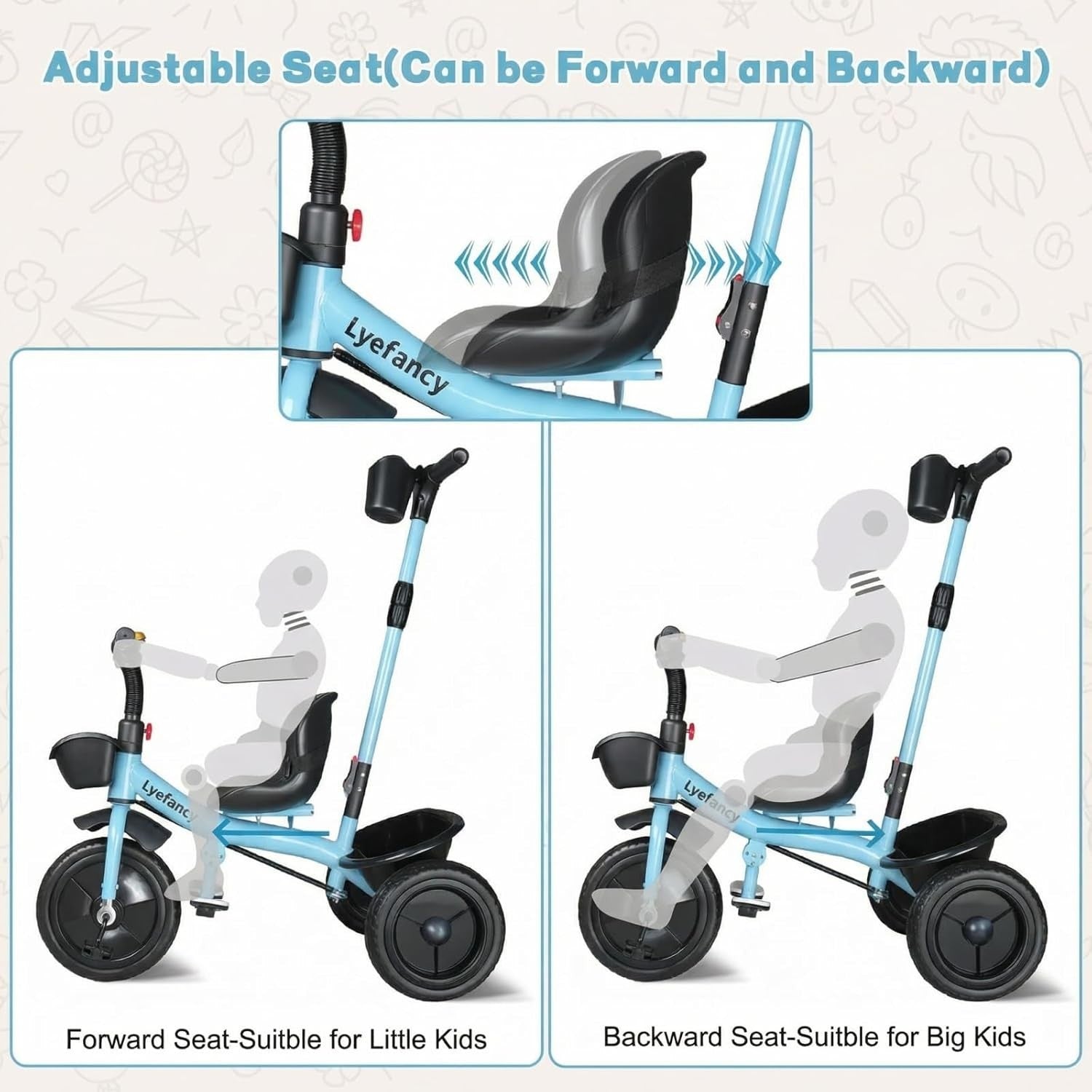 2 in 1 Toddler Tricycle Parent Handle Adjustable Seat Bike Blue 1-4Y