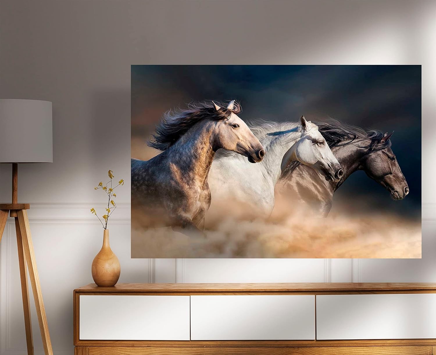 Horses in Fog Canvas Wall Art Framed Black White Horse Print 86x61cm Large