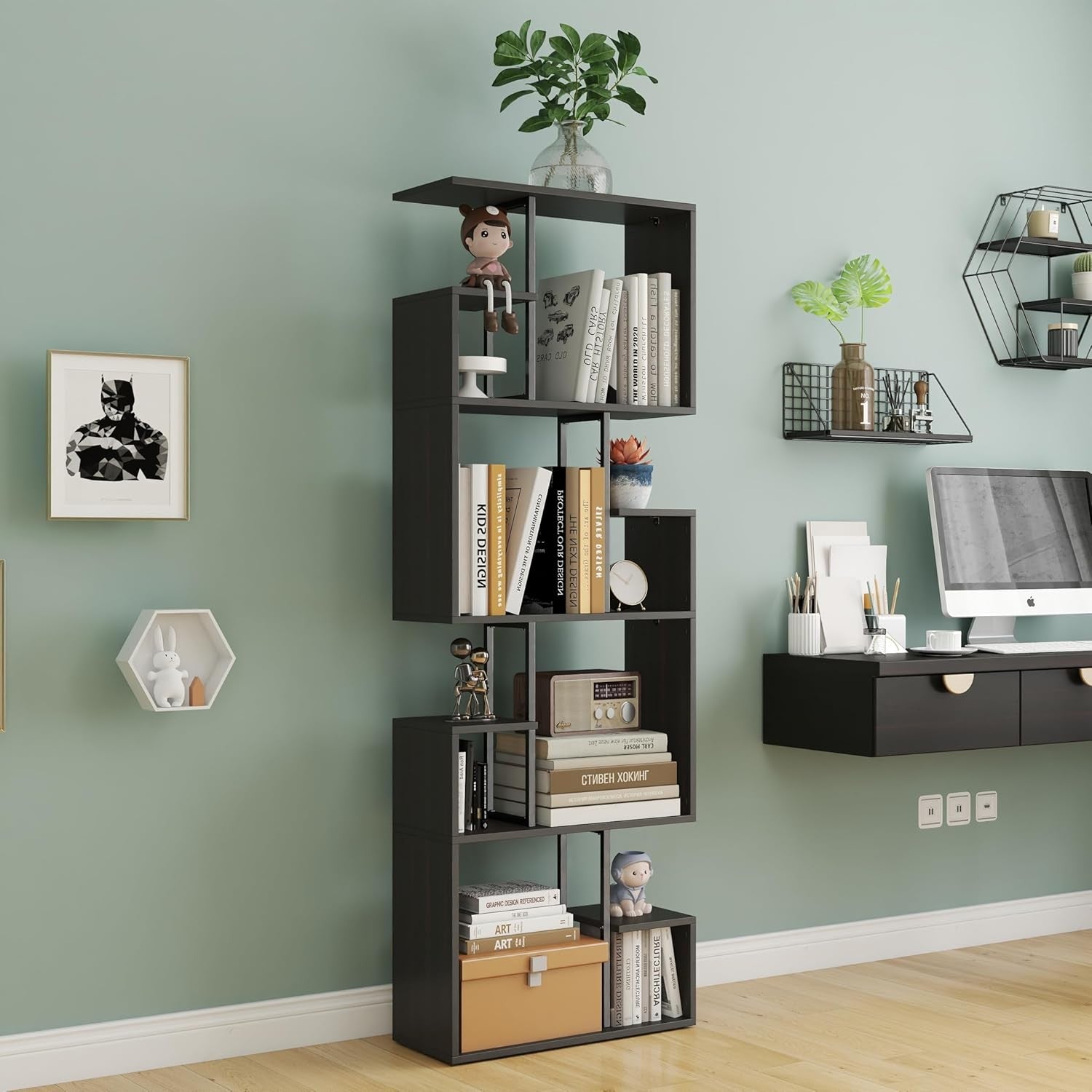 Black 4-Tier Slim Bookcase Room Divider, Modern Asymmetric Display Shelf