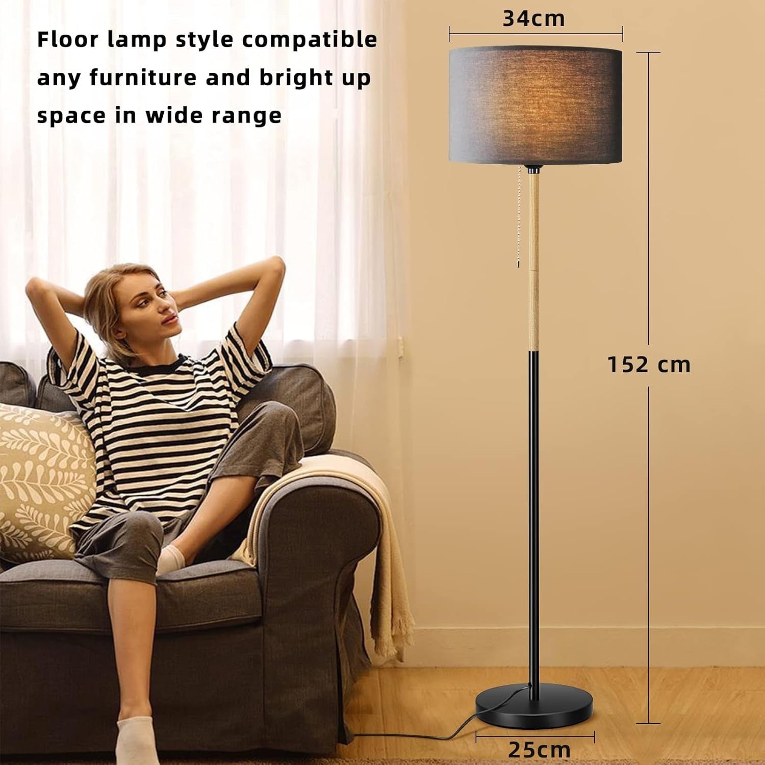 Black Farmhouse Floor Lamp Linen Shade Tall Standing Reading Light LED