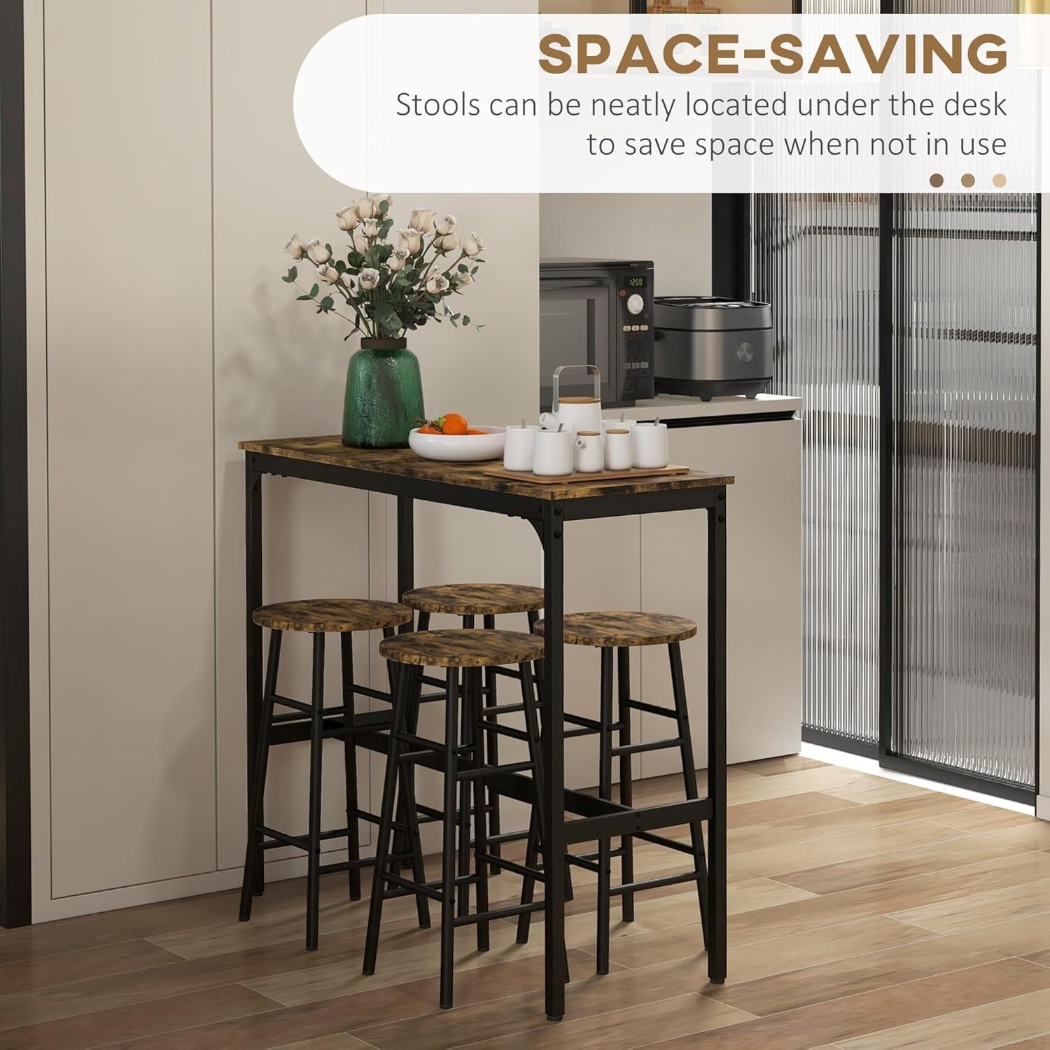 5-Piece Bar Table Set with 4 Stools, Rustic Brown Space-Saving Dining Set