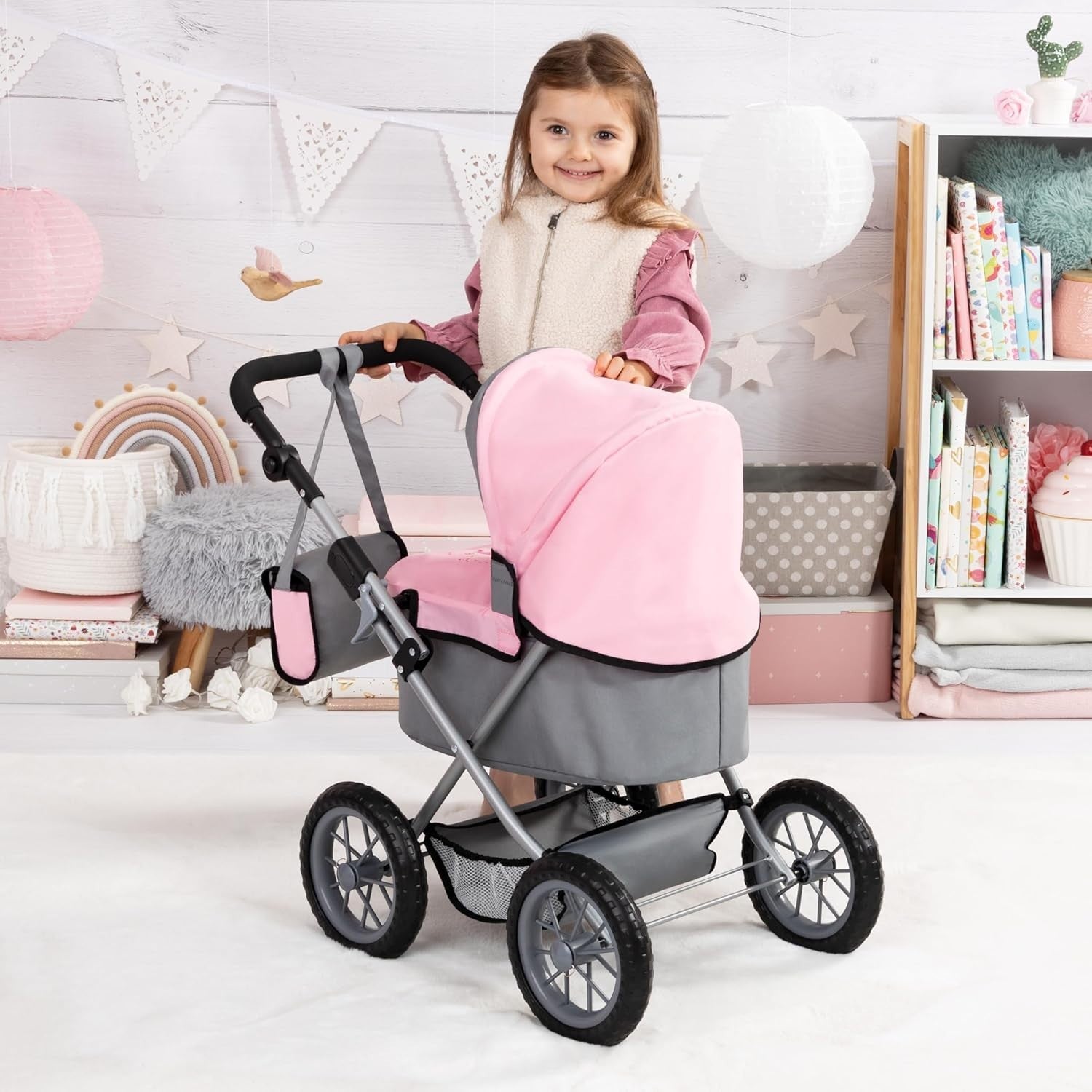 Dolls Pram Foldable Pushchair Adjustable Handle Basket Bag Toy 3+