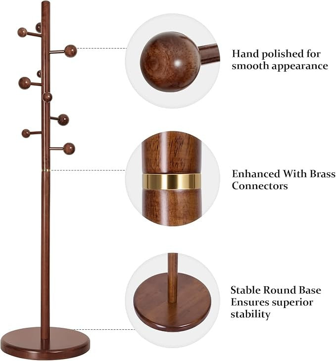 9-Hook Solid Wood Coat Rack 184cm Walnut Finish Freestanding Hall Stand