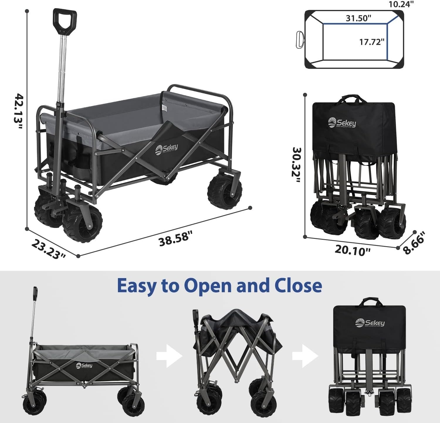 Black/Grey Heavy Duty Folding Wagon 440lb Trolley Cart w/ Wide Wheels & Brake