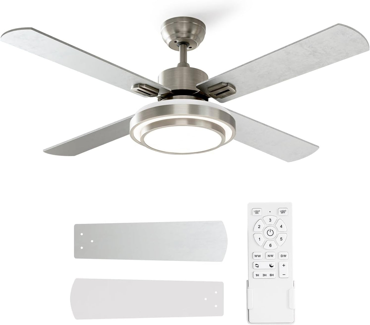 Warmiplanet 52" Ceiling Fan, LED Light Kit, Remote, 4 Blades, Nickel