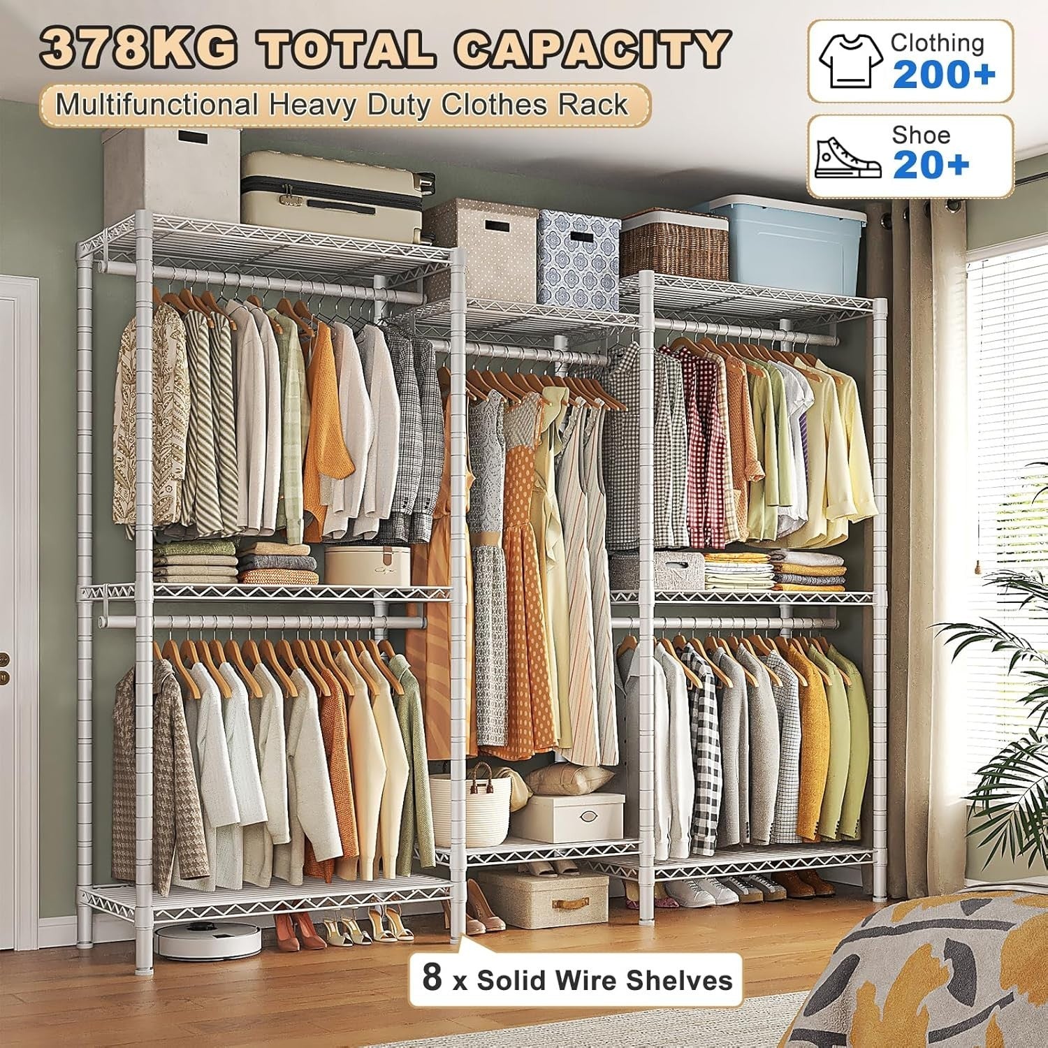 Heavy Duty Open Wardrobe White Metal Clothes Rail with Shelves 195cm