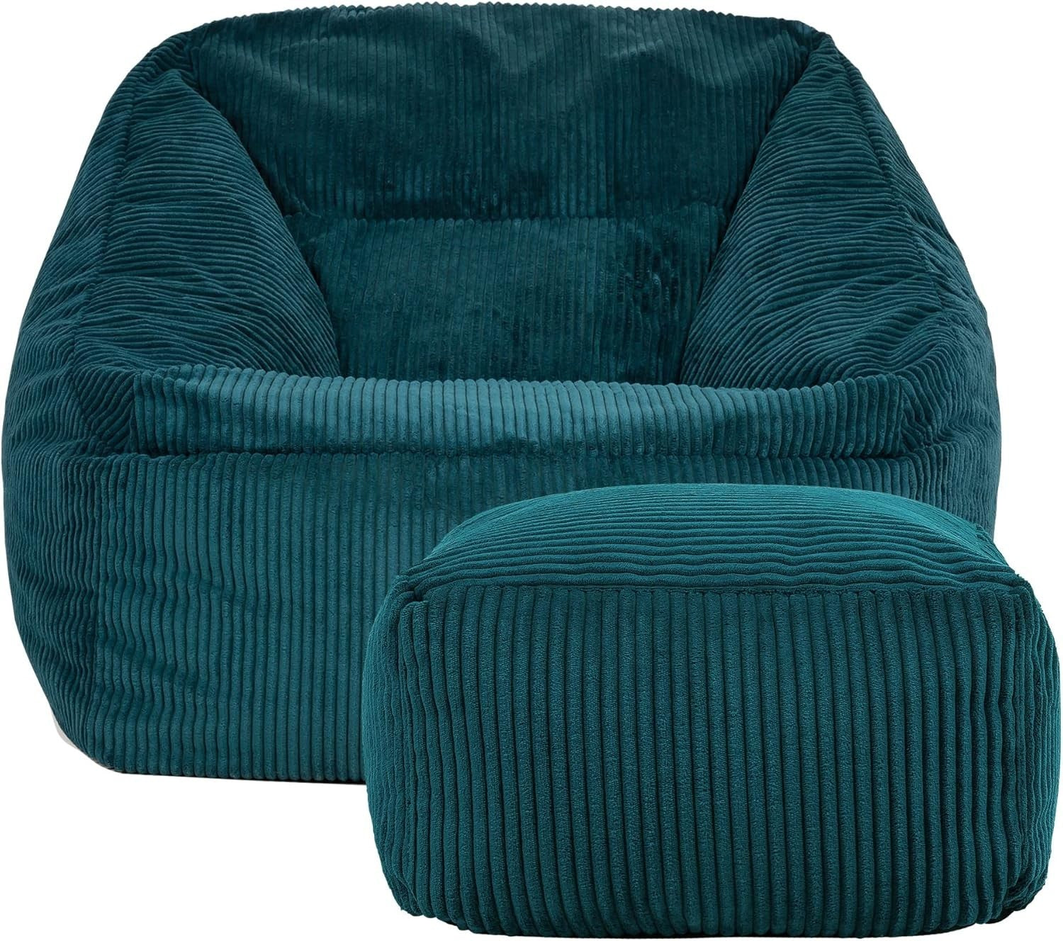 Teal Cord Bean Bag Chair with Footstool Lounge Armchair Seat Filled